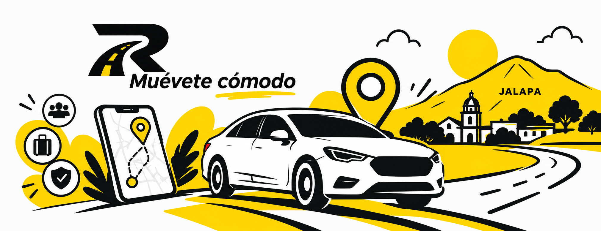 Ilustración de Rutaris: un vehículo, una ruta y el paisaje de Jalapa